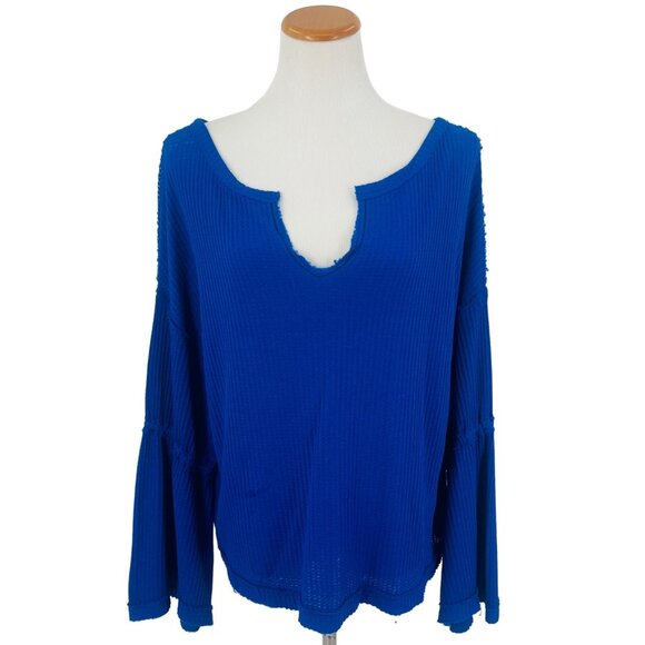 Free People x We The Free Blue Waffle Knit Bell Sleeve Relaxed Fit Top - Picture 2 of 16